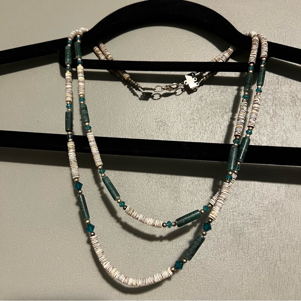 CLOSET CLOSING Jade? Heishi Shell Crystal Silver Double Strand Necklace